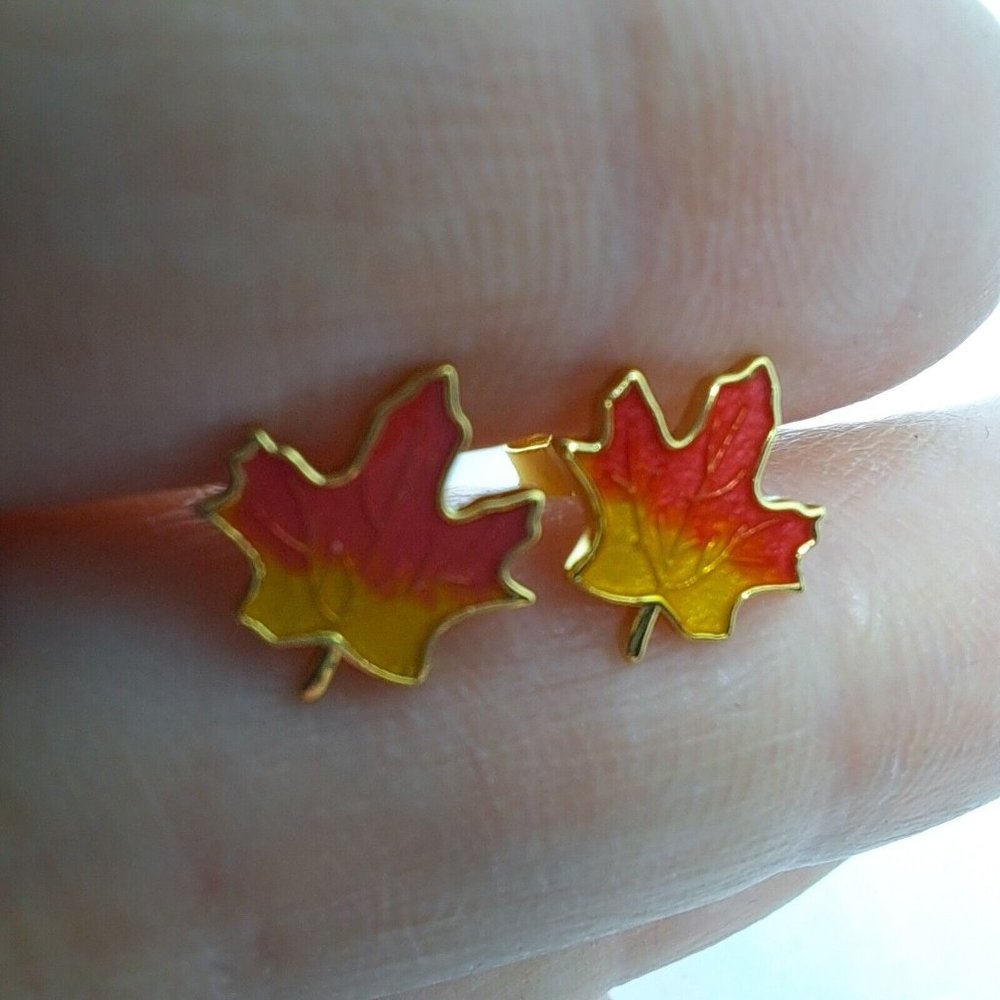 Earrings Maple Leaf Studs Orange Yellow Gold Tone